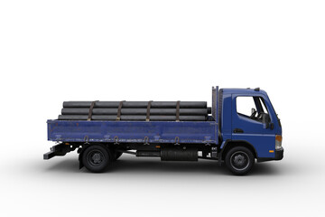 Side view 3D illustration of a blue flat bed truck loaded with pipes isolated on white background