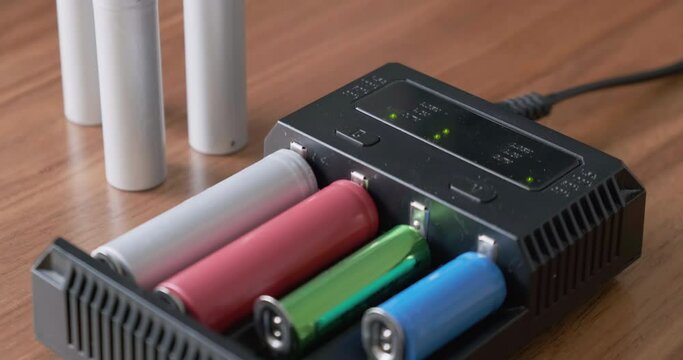 Rechargeable batteries of various sizes charging in a multi charger with blinking green leds. Lithium-Ion, Nickel&ndash;metal hydride, NiMH.
