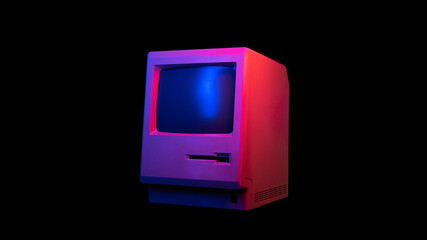 Retro wave 80s computer all-in-one illuminated by neon light isolated on black - obrazy, fototapety, plakaty