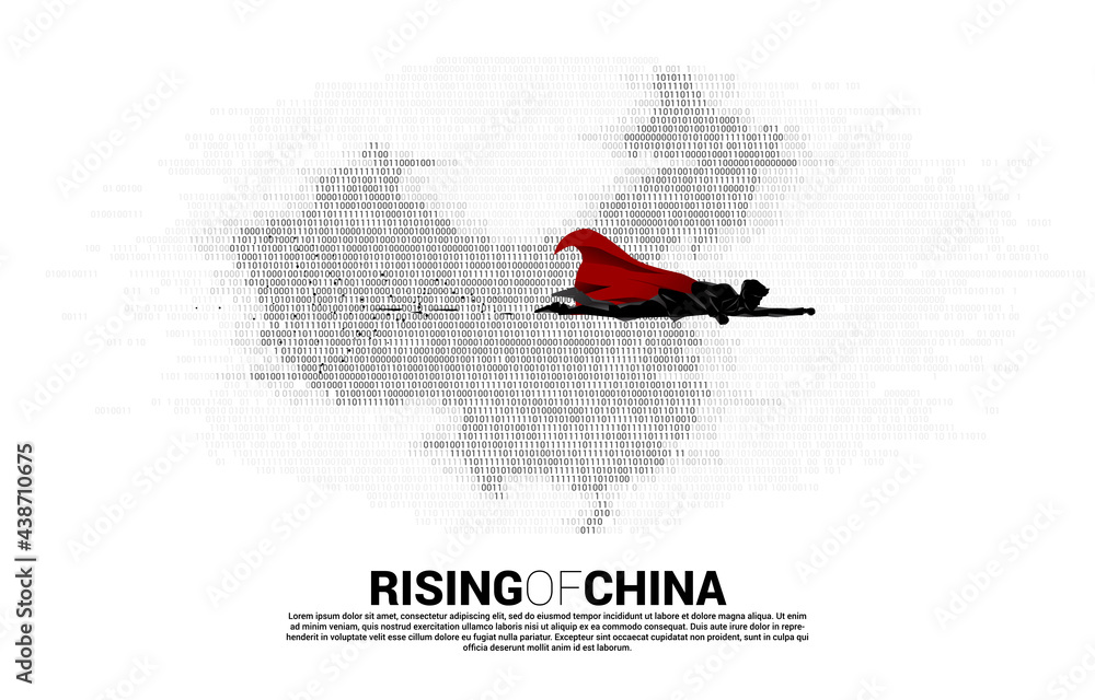 Poster Silhouette of businessman flying with China map from binary zero and one code. Concept for china digital currency economy and financial network connection.
