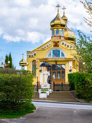 TRUSKAVETS, UKRAINE - May 15, 2021:  The Greek-Catholic Church of the Intercession of the Holy. Statue of Blessed Virgin Mary.
