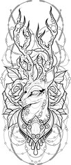 Czarno-biały ilustracja jeleń na tle kwiatów róż. Projekt tatuażu król lasu.