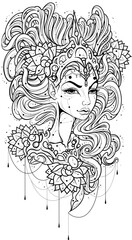 Fototapeta Czarno-biała ilustracja z leśnym elfe. Projekt tatuażu magicznego elfa z kwiatami we włosach. Kolorowanka obraz