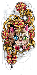 Ilustracja z małym Kotkiem z dużymi oczami. Projekt graficzny kot wśród lilii z klejnotem na czole i złota dekoracja w tle.