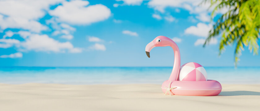 Pink flamingo life belt and rubber ball on the sand beach. Travel on summer vacation concept 3d render 3d illustration