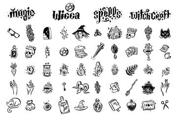 Mysticism witchcraft occult hand drawn icon illustration set - obrazy, fototapety, plakaty