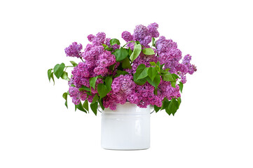 Big bouquet of purple Lilac flowers in white enamel pot isolated on white background