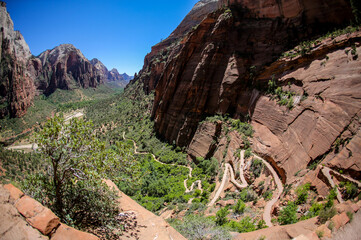 View from the top of Angels Landing and the trail below during adventures in Zion National Park, Utah, USA. 
