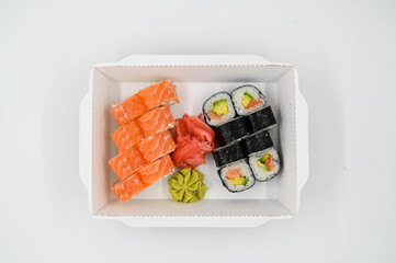 Sushi sets in a takeaway box. Top view.
