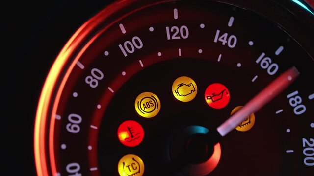 Dashboard of modern classic motorcycle. LED display and analog speedometer hand. Close-up view, motorbike and cafe racers concept.