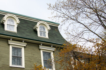 A vintage green wooden building with cream color trim, double hung windows, dormers, a green shingled roof. It's an old wooden home with multiple stories and a leafless tree and blue skies. 