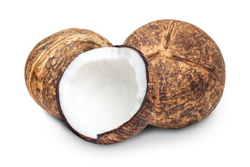 Ripe Coconut and half cut Isolated on a white background with clipping paths