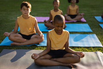 Group of diverse students practicing yoga and meditating sitting on yoga mats in garden at school