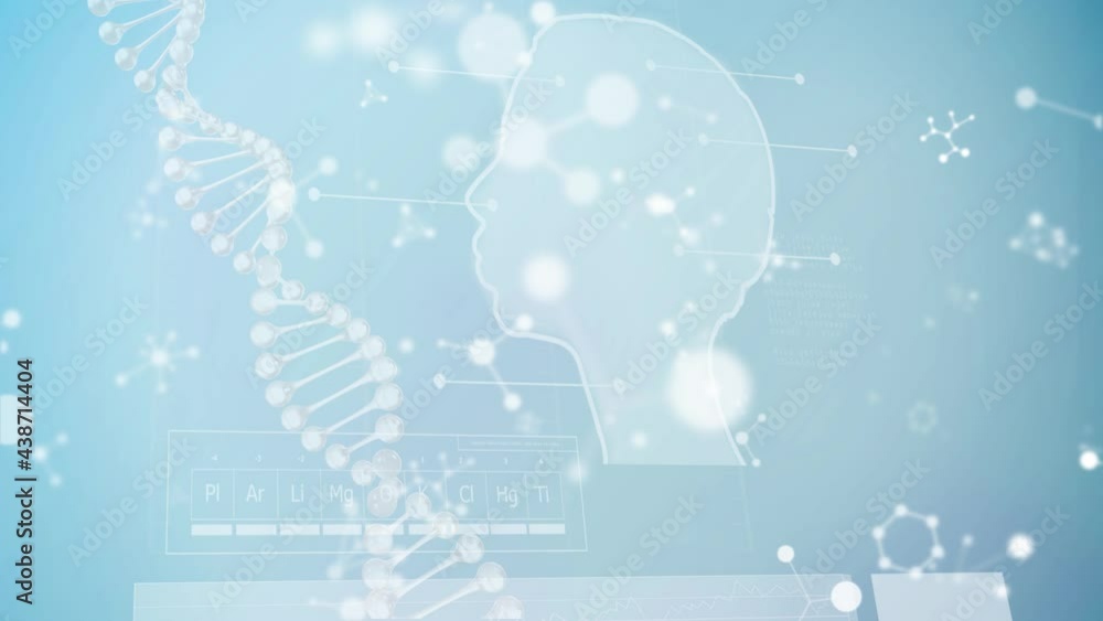 Poster molecular structures floating over dna structure spinning and human face model on blue background