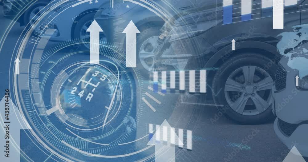 Poster animation of scopes scanning and data processing over cars