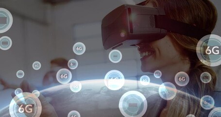 Animation of 6g text, scopes scanning and data processing over woman wearing vr headset - Powered by Adobe