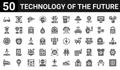 Fototapeta na wymiar 50 icon pack of technology of the future web icons. filled glyph icons such as artificial intelligence,smart glasses,hyperloop,book,time travelling,mind reader,hologram,renewable energy. vector