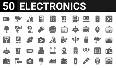 Obraz na płótnie Canvas 50 icon pack of electronics web icons. filled glyph icons such as voltage indicator,battery,radio,ceiling lamp,weight scale,table lamp,cctv,usb drive. vector illustration