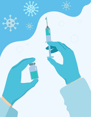 Hands in medical gloves hold a filled syringe. Vaccination concept covid 19. Blue and white colors.
