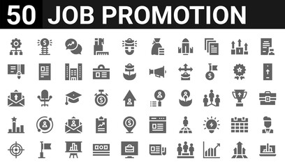 Fototapeta na wymiar 50 icon pack of job promotion web icons. filled glyph icons such as increase,hierarchy,target,rank,email,certificate,goal,search. vector illustration