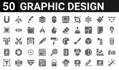 Fototapeta na wymiar 50 icon pack of graphic design web icons. filled glyph icons such as magic wand,magnet,test,tablet, ,crop,air plane,color palette. vector illustration
