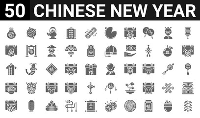 Obraz na płótnie Canvas 50 icon pack of chinese new year web icons. filled glyph icons such as fireworks,coins,tiger,monkey,outfit,rooster,yin yang,buddha. vector illustration