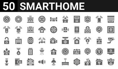 50 icon pack of smarthome web icons. filled glyph icons such as smarthouse,water,smarthome,smarthome,unlock,smarthome,air conditioner,smarthome. vector illustration