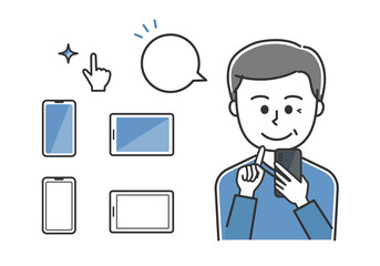 Man tapping a mobile phone with a speech bubble. Vector illustration isolated on white background.