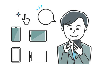 Young man tapping a mobile phone with a speech bubble. Vector illustration isolated on white background.