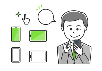 Man tapping a mobile phone with a speech bubble. Vector illustration isolated on white background.