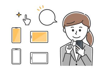 Office worker tapping a mobile phone with a speech bubble. Vector illustration isolated on white background.