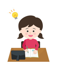 A girl studying happily on her tablet. Vector illustration isolated on white background.