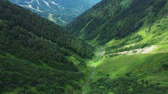 Aerial view of Bzerpi Mountain crest, near the city of Krasnaya Polyana, Crimea, Russia.