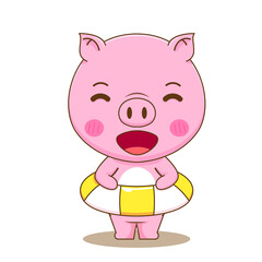 Summer concept of cute pig with swimming ring cartoon character illustration