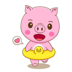 Summer concept of cute pig with swimming ring duck cartoon character illustration