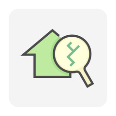 House damage, inspection vector icon. Consist of home or house building, magnifying glass and crack from disaster. Service by inspector, engineer to check before rent, sale, buy and purchase. 64x64 px