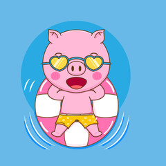 Summer concept of cute pig swimming with rubber ring cartoon character illustration