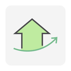 Fototapeta premium House price or value increase vector icon. Consist of home or house building, growth graph. Rate of real estate or property for development, owned, sale, rent, buy, purchase or investment. 64x64 px. 