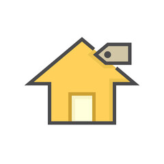 House for sale vector icon. That foreclose real estate or property consist of home or house building and price tag. Also for development, owned, rent, buy, purchase or investment. 64x64 pixel.