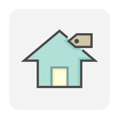 Fototapeta na wymiar House for sale vector icon. That foreclose real estate or property consist of home or house building and price tag. Also for development, owned, rent, buy, purchase or investment. 64x64 pixel.