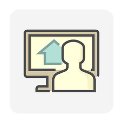 Search house vector icon. Consist of computer pc and people. That resident, agent or realtor to online find real estate or property for development, owned, sale, rent, buy or investment. 64x64 pixel.