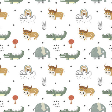 seamless pattern of cute animals with hand drawn style