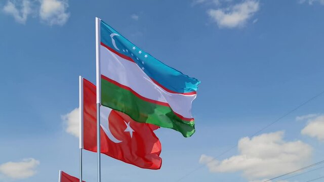 Uzbek. National country flag on blue sky background. Flying fabric symbol. Tourism or travel summer day. international patriotic emblem. Nobody. Horizontal video