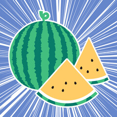 まるごと、スライス西瓜と集中線背景のシンプルなイラスト