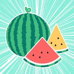 まるごと、スライス西瓜と集中線背景のシンプルなイラスト