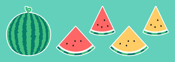 まるごと、スライス西瓜のシンプルなイラストセット