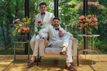 LGBTQ gay couple sitting together in living room in wedding ceremony