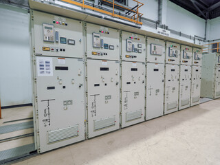 Electrical switchgear, Industrial electrical switch panel at substation in industrial zone at power plant with closed up high resolution 50M pixel concept which customer can use for large file.