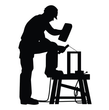 Construction Worker With Welding Machine Silhouette Vector On White Background