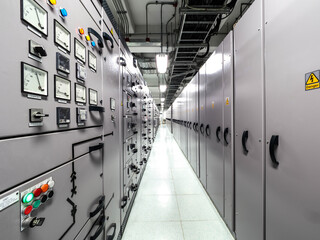 Electrical switchgear, Industrial electrical switch panel at substation in industrial zone at power plant with closed up high resolution 50M pixel concept which customer can use for large file.